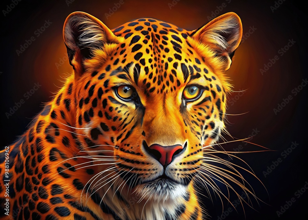 A majestic leopard's fur pattern and striking features radiate vibrant orange and yellow hues against a dramatic dark backdrop, creating a stunning visual effect. A majestic leopard's fur pattern and striking features radiate vibrant orange and yellow hues against a dramatic dark backdrop, creating a stunning visual effect.