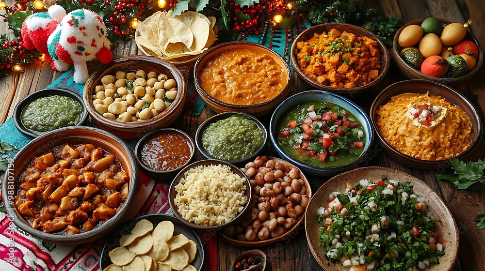 Fototapeta premium Mexican Christmas Eve feast with a spread of traditional dishes, colorful tablecloths, piñatas, and festive lights, surrounded by tamales, enchiladas, and pozole,