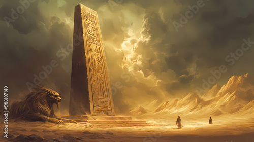 Majestic ancient egyptian obelisk engraved with mythical manticore imagery in moody desert illumination. Manticore. Illustration photo