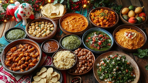 Mexican Christmas Eve feast with a spread of traditional dishes, colorful tablecloths, piñatas, and festive lights, surrounded by tamales, enchiladas, and pozole,