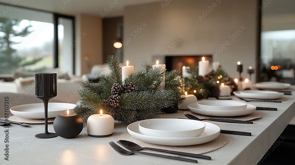 Minimalist Christmas Eve dinner table with a monochrome palette, sleek white plates, black cutlery, pine branch centerpiece, and subtle candlelight, Minimalist Christmas Eve dinner table with a monochrome palette, sleek white plates, black cutlery, pine branch centerpiece, and subtle candlelight,