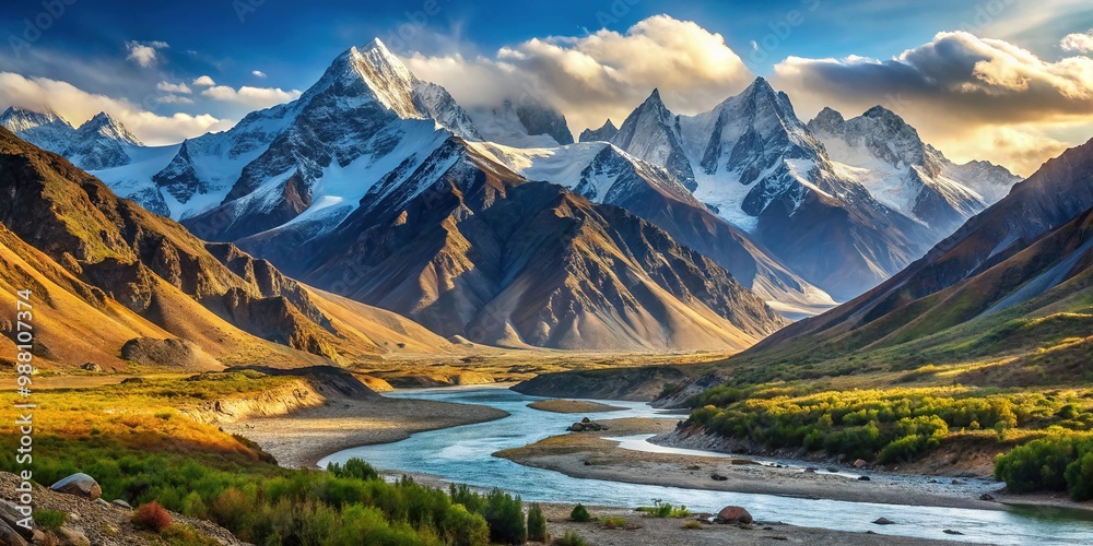 A majestic mountain range arcs across the landscape, its rugged terrain sculpted by geological forces, featuring snow-capped peaks, ridges, and valleys carved by ancient rivers. A majestic mountain range arcs across the landscape, its rugged terrain sculpted by geological forces, featuring snow-capped peaks, ridges, and valleys carved by ancient rivers.