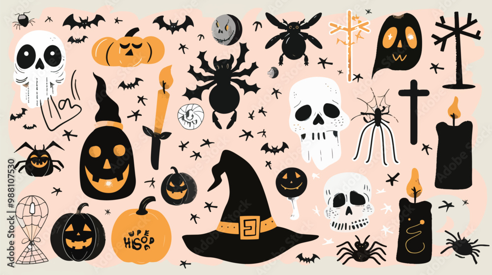 Flat lay Vector Illustration spooky halloween elements set illustration, Happy Halloween
