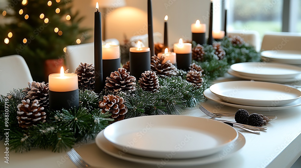 Modern minimalist Christmas Eve dinner, sleek monochrome table setting with white plates, minimal decorations of greenery and pinecones, simple black candles, soft lighting, Modern minimalist Christmas Eve dinner, sleek monochrome table setting with white plates, minimal decorations of greenery and pinecones, simple black candles, soft lighting,
