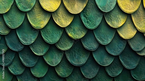 A close-up of textured, overlapping scales in various shades of green and yellow.