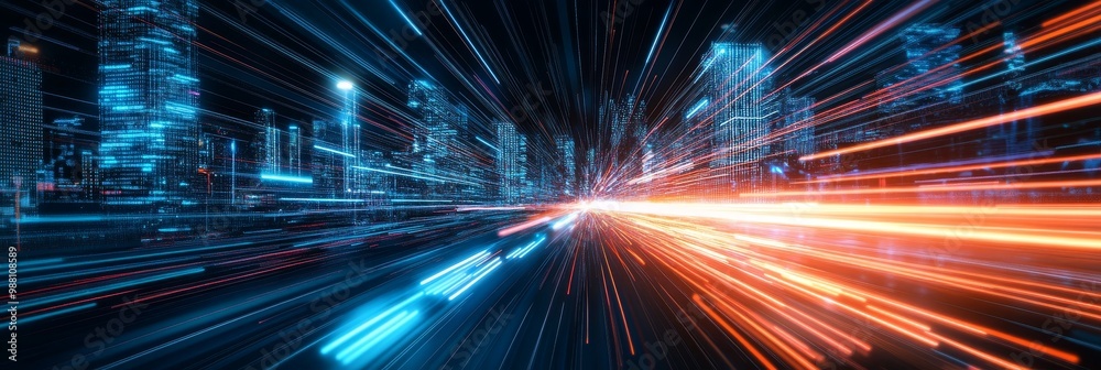 A futuristic cityscape illuminated by electron beams, symbolizing technological advancement, urban development, connectivity, speed, and progress. A futuristic cityscape illuminated by electron beams, symbolizing technological advancement, urban development, connectivity, speed, and progress.