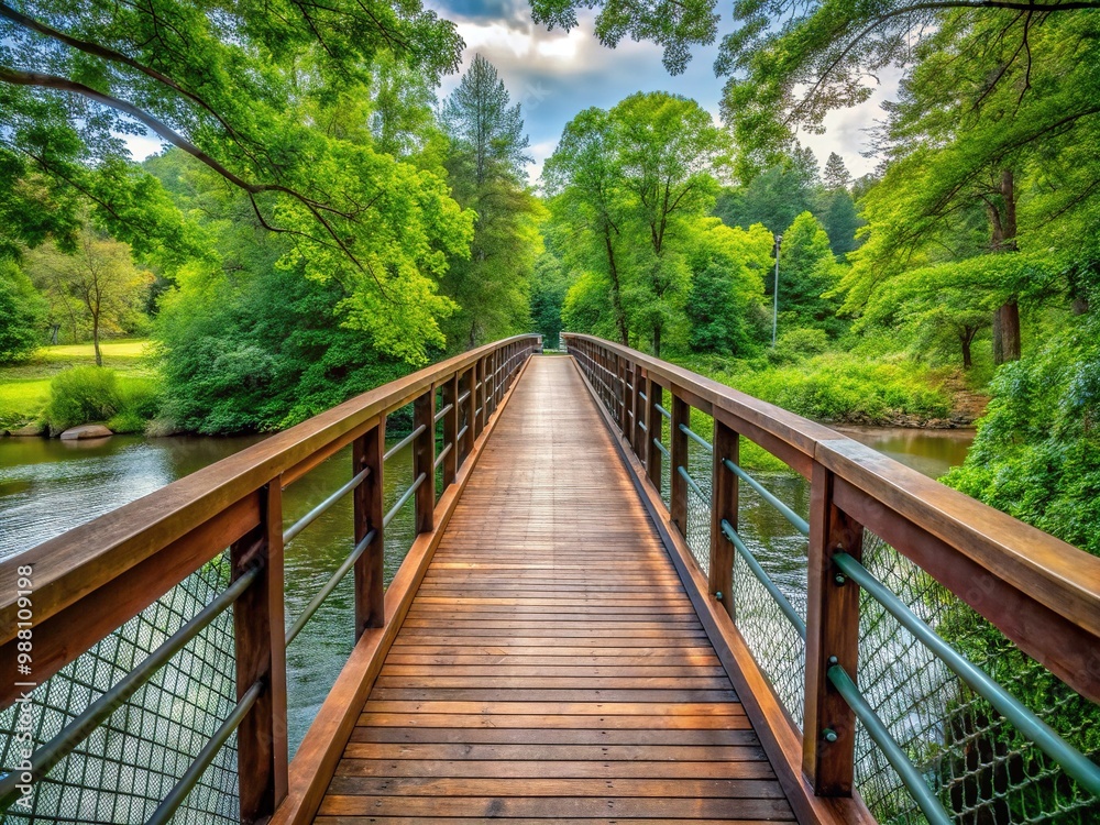 A rustic steel and wood bridge spans a serene river, blending with the surrounding landscape amidst lush greenery and treetops. A rustic steel and wood bridge spans a serene river, blending with the surrounding landscape amidst lush greenery and treetops.