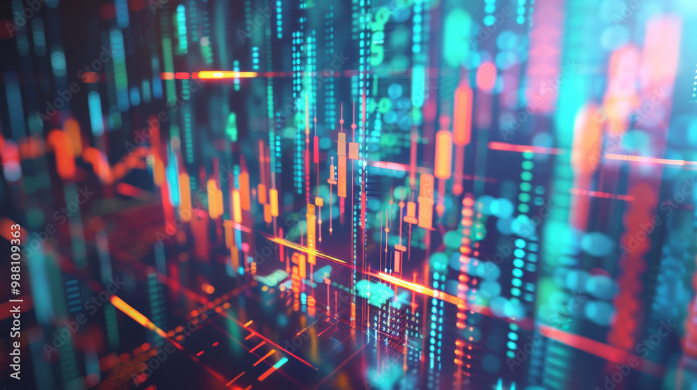 Abstract representation of stock market forecasting with vibrant colors and digital elements, showcasing data trends and analytics.