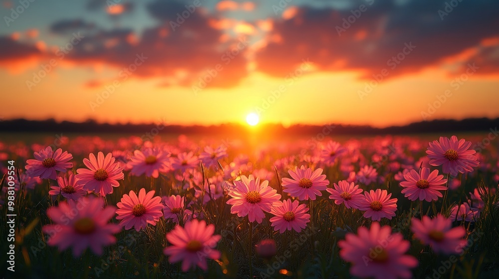 Fototapeta premium Sunset Over a Field of Pink Flowers