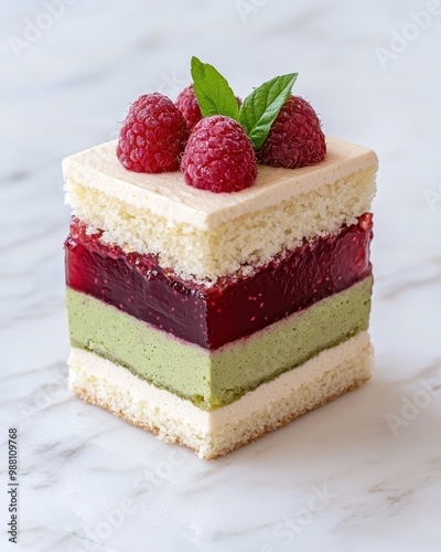 Delicious layered dessert with raspberries and green cream