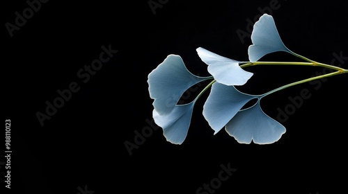 Delicate blue Ginkgo Biloba leaves on a black background, symbolizing nature, serenity, wisdom, growth, and tranquility. photo