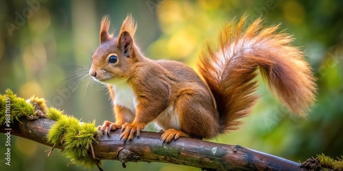 A Small, Agile Squirrel With A Long, Bushy Tail Perched On A Tree Branch, With A Curious Expression And Vibrant Brown Fur.
