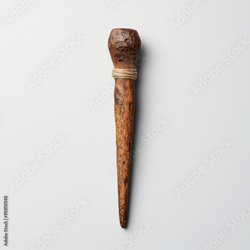 Rustic wooden club or mace with rope binding photo