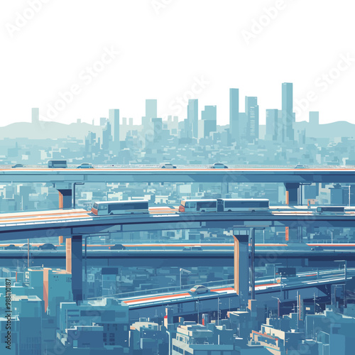 Highway overpass with cityscape in the background, vector illustration