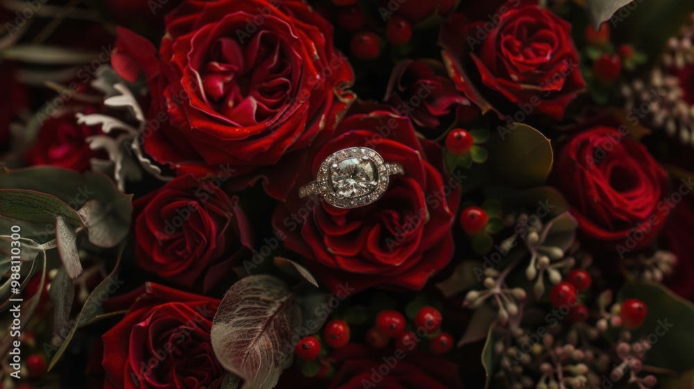 Diamond Engagement Ring on Red Roses Bouquet Diamond Engagement Ring on Red Roses Bouquet