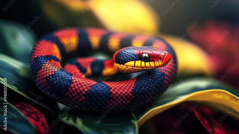 Obraz premium A vibrant snake coiled among colorful leaves, showcasing its striking pattern and colors.