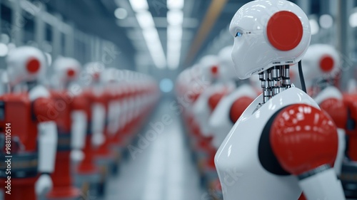 Wallpaper Mural Robots in factory setting showcase advanced technology and automation. scene features line of humanoid robots with sleek design, emphasizing innovation and efficiency in manufacturing Torontodigital.ca