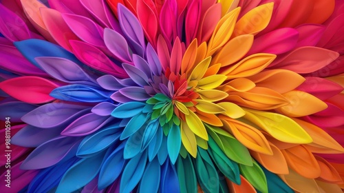 A vibrant, multicolored flower design with petals radiating outward, showcasing a spectrum of rainbow hues in a stunning, artistic arrangement.