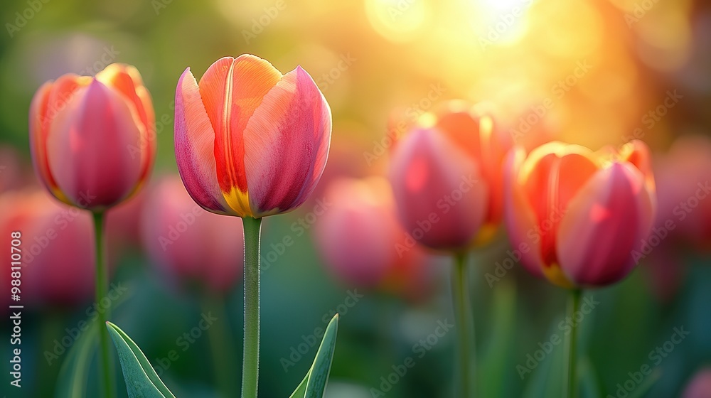 Pink and Orange Tulips Blooming in the Sunset Pink and Orange Tulips Blooming in the Sunset