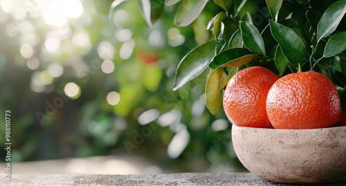 fresh oranges hanging on tree branch