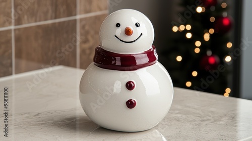 Cheerful snowman figurine on table with christmas lights