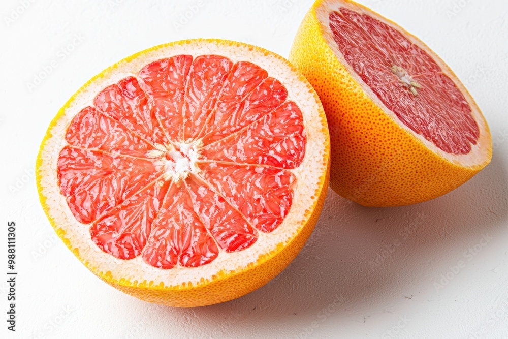 Vibrant halved grapefruit on white background Vibrant halved grapefruit on white background