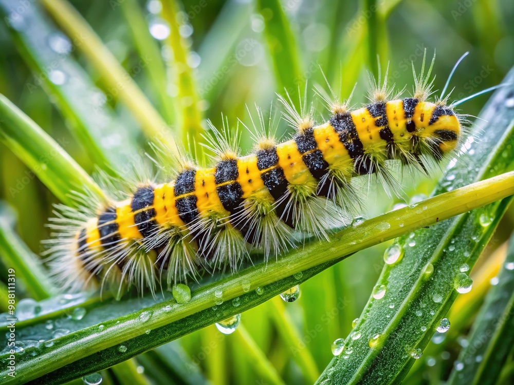 A yellow caterpillar with fuzzy hairs and black stripes crawls slowly across dewy grass, contrasting with emerald green surroundings. A yellow caterpillar with fuzzy hairs and black stripes crawls slowly across dewy grass, contrasting with emerald green surroundings.