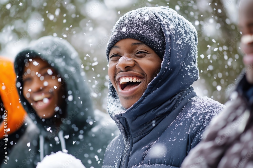 Naklejka premium Friends laughing and building snowmen in winter snow