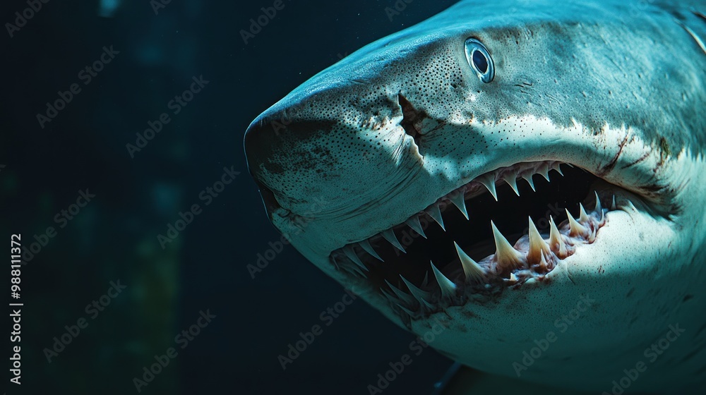 Naklejka premium A close-up of a shark's face showcasing its sharp teeth and intense gaze.