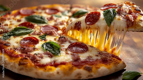 A close-up of a pizza cheese pull, strings of gooey mozzarella stretching from the slice as it's lifted from the pie. The crust is crispy and golden,