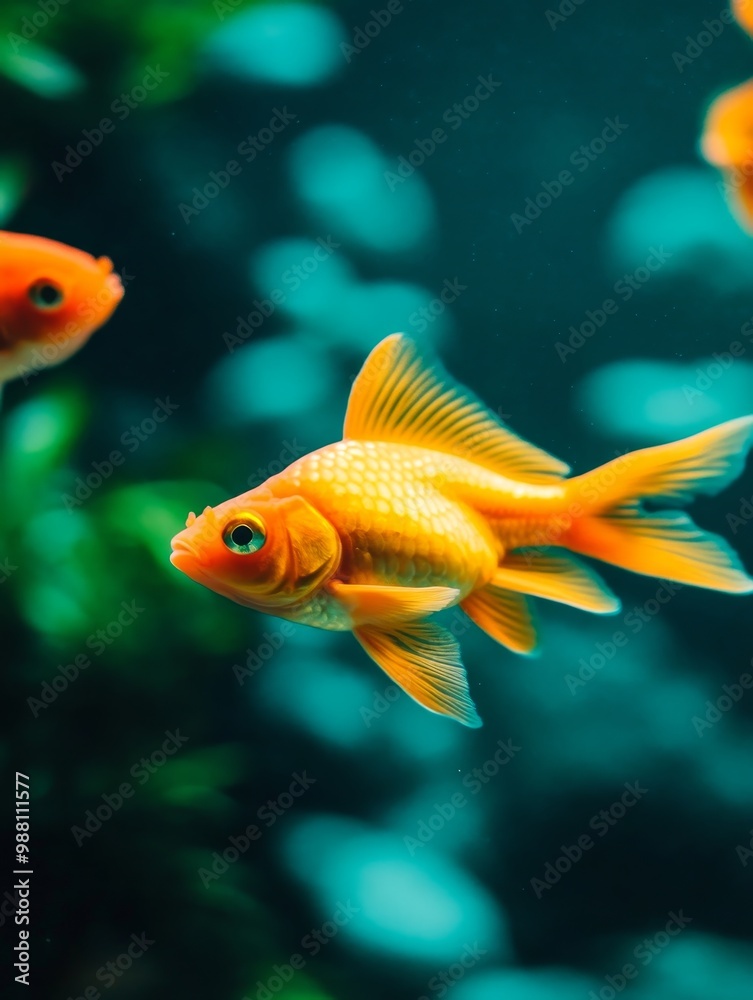 A vibrant goldfish gracefully swims through a lush aquarium, showcasing its bright orange scales against a backdrop of vibrant green plants and blue water. A vibrant goldfish gracefully swims through a lush aquarium, showcasing its bright orange scales against a backdrop of vibrant green plants and blue water.