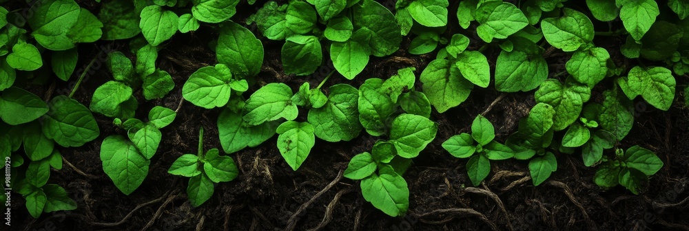 A close-up image of vibrant green foliage growing over dark soil and roots. The texture and pattern of the leaves create a natural and organic design, symbolizing growth, vitality, and the cycle of l A close-up image of vibrant green foliage growing over dark soil and roots. The texture and pattern of the leaves create a natural and organic design, symbolizing growth, vitality, and the cycle of l