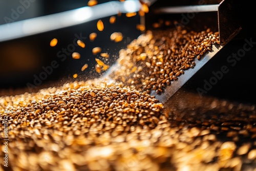 Grains pouring from a machine, close up shot photo