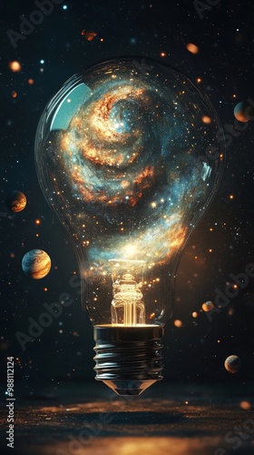 A surreal light bulb in the night sky, with stars, planets, and a spiral galaxy insideThe bulb shines softly, blending seamlessly with the universe around it photo