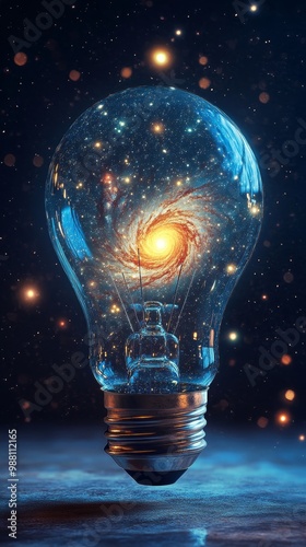 A surreal light bulb in the night sky, with stars, planets, and a spiral galaxy insideThe bulb shines softly, blending seamlessly with the universe around it photo