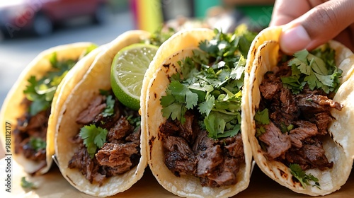 A close-up of street tacos being handed over from a trendy food truck, filled with seasoned beef, fresh cilantro, and lime slices. The food truck’s colorful design is visible in the background,
