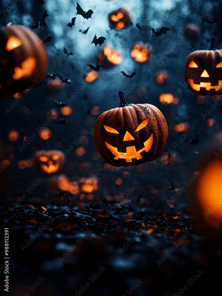 Jack-o-lanterns with glowing eyes float in a dark, mystical forest, evoking Halloween, magic, and a touch of the supernatural. The bats flying overhead add to the haunting atmosphere. Jack-o-lanterns with glowing eyes float in a dark, mystical forest, evoking Halloween, magic, and a touch of the supernatural. The bats flying overhead add to the haunting atmosphere.