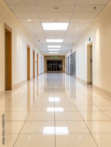 A clean and bright empty hallway in a shopping mall with white walls, tiled floors, and bright lights reflecting off the polished surface. The hallway is lined with closed doors leading to various sto