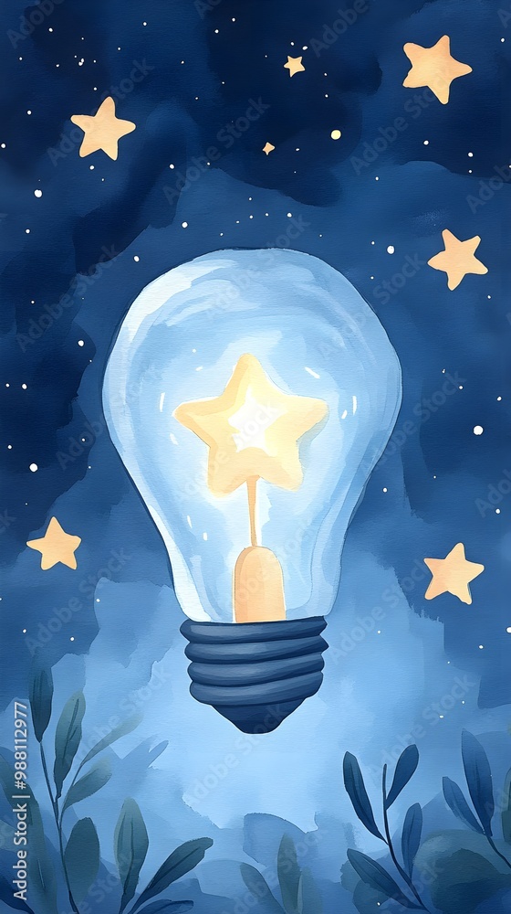 A watercolor light bulb connected to the night sky, with luminous stars glowing inside, radiating a sense of wonder and cosmic inspiration A watercolor light bulb connected to the night sky, with luminous stars glowing inside, radiating a sense of wonder and cosmic inspiration