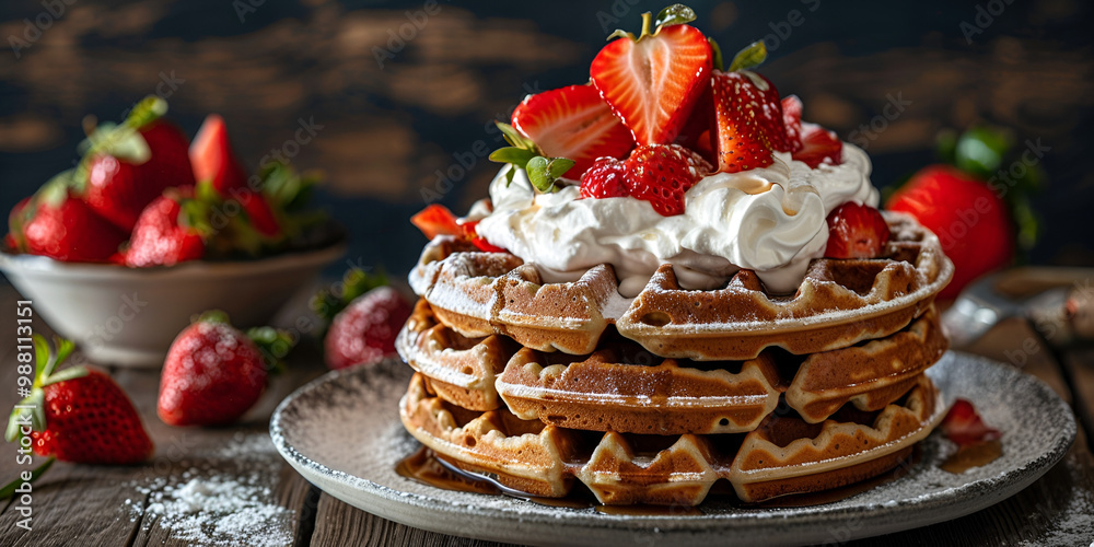 Delicious Waffles Topped with Cream and Fresh Strawberries Delicious Waffles Topped with Cream and Fresh Strawberries