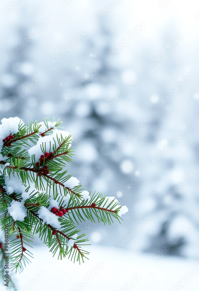 Winter background with fir branches and snowflakes