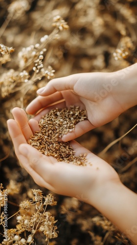 Hands holding harvested seeds, natural setting photo