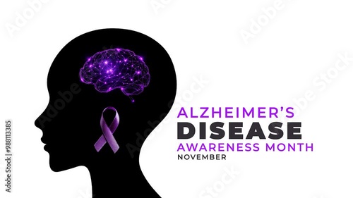 National Alzheimer's Disease awareness month. Purple color ribbon wave motion. Brain animation.