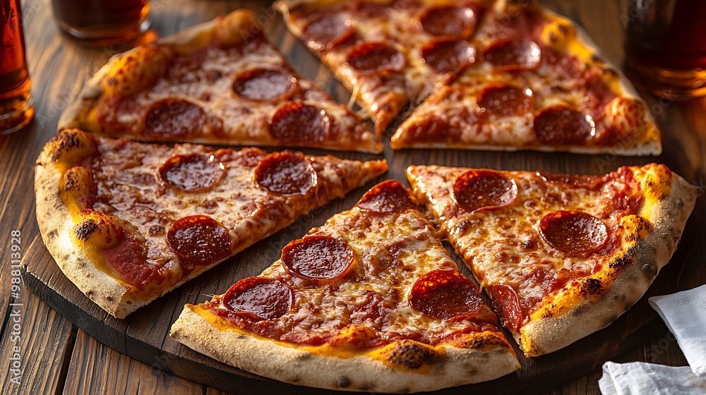 A feast of pepperoni pizza slices spread across a wooden table, with glasses of soda and napkins surrounding the table. The pizzas are golden-brown with bubbling cheese and crispy pepperoni, A feast of pepperoni pizza slices spread across a wooden table, with glasses of soda and napkins surrounding the table. The pizzas are golden-brown with bubbling cheese and crispy pepperoni,