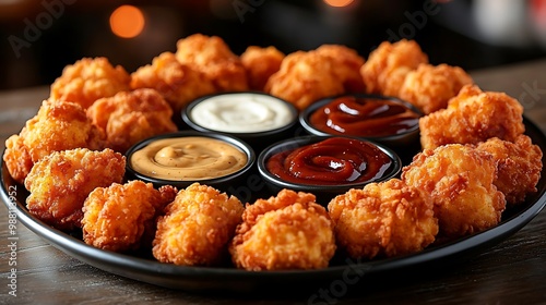 A festive platter filled with crispy chicken nuggets arranged in a circle, with bowls of ranch, barbecue, and honey mustard sauces in the center. The nuggets are hot and golden,