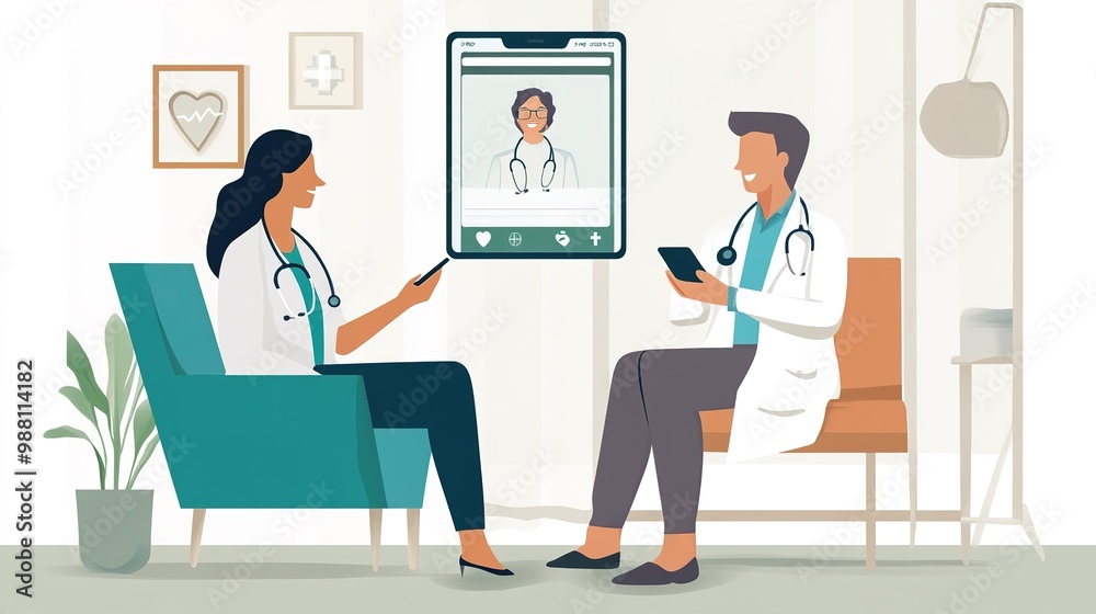A patient using a mobile app to schedule and attend a telemedicine appointment with a doctor, emphasizing convenience and accessibility.