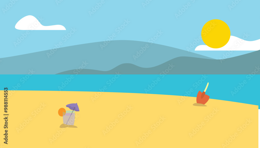 Bright and playful beach scene illustration featuring sand, mountains, the sun, a cocktail, and a beach shovel. Perfect for summer designs and vacation-themed projects. Available as EPS Bright and playful beach scene illustration featuring sand, mountains, the sun, a cocktail, and a beach shovel. Perfect for summer designs and vacation-themed projects. Available as EPS