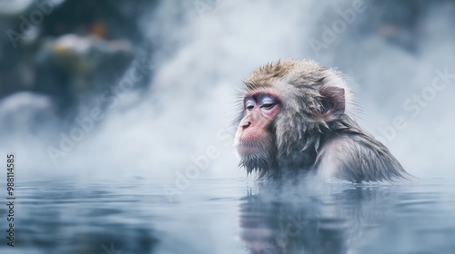 A serene monkey soaking in a misty hot spring, showcasing nature's tranquility.