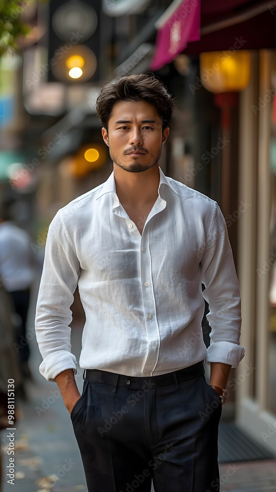 Young Asian Businessman Wearing White Shirt and Black Trousers, Walk on the City Sidewalk Young Asian Businessman Wearing White Shirt and Black Trousers, Walk on the City Sidewalk