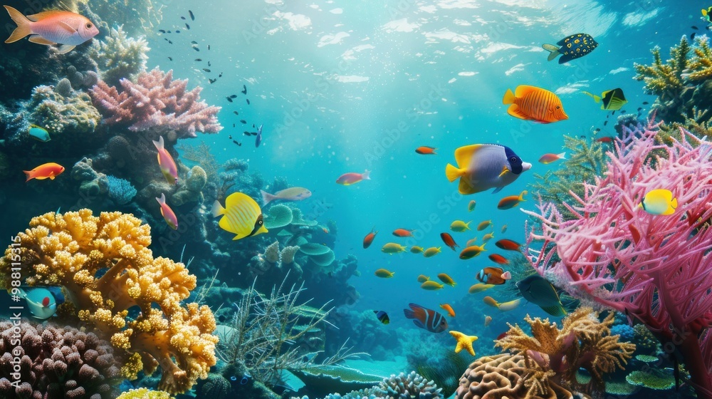 Naklejka premium Underwater Paradise: Vibrant Coral Reef with Colorful Fish